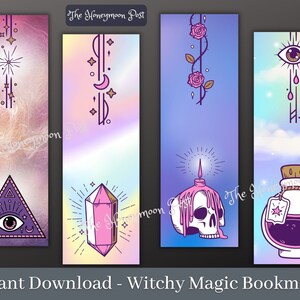 May include: Set of four colorful bookmarks featuring a variety of witchy and magical designs, including a crystal, a skull candle, a potion bottle, and an eye within a triangle. The bookmarks have a rainbow gradient background.