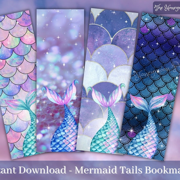 Instant Download Printable Bookmarks, Magical Mermaid Tails Bookmarks, jpg pdf, Digital Collage, 1 Sheet