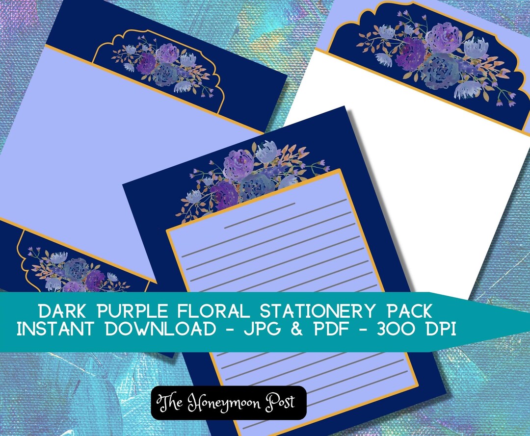 Instant DOWNLOAD Printable Stationery Paper Pack, Dark Purple Flowers ...