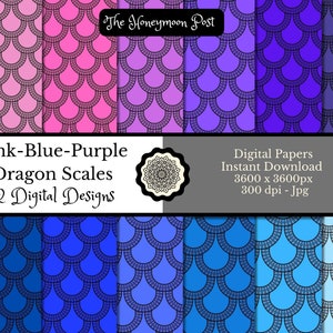 Instant Download Dragon Scales, Digital Paper, 12 Sheets, Pink Blue Purple, Printable DIY Scrapbook Junk Journal Elements, Craft Collage Art