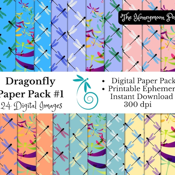 Instant Download, Dragonfly Insect Paper Pack 24 Ephemera Sheets, Printable Scrapbook Journal Craft Supplies, Digital Collage, 12x12, 300dpi