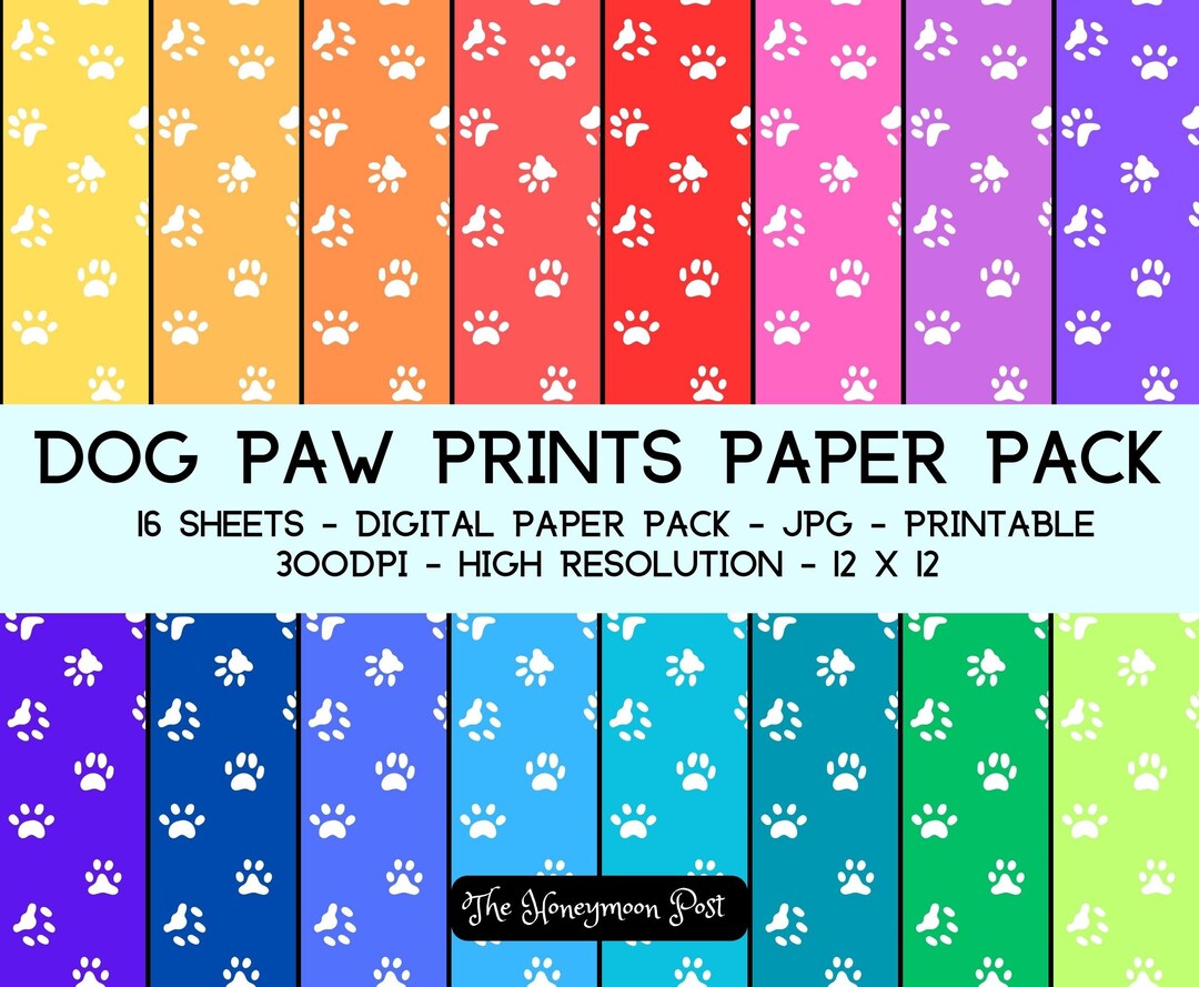 Instant Download Dog Paw Prints Paper Pack, 16 Sheets Background Paper Printable Pet Art, DIY