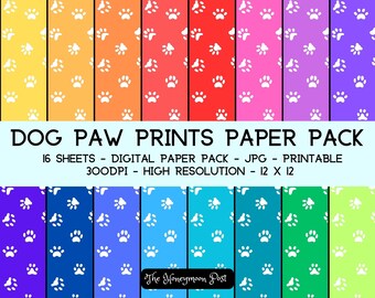 Instant Download Dog Paw Prints Paper Pack, 16 Sheets Background Paper Printable Pet Art, DIY Scrapbook Journal Cards, Digital Craft Collage
