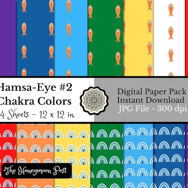 Instant Download Evil Eye Fish Rainbow Images, Paper Pack 14 Sheets, Chakra Colors, Printable DIY Scrapbook Junk Journal Art Digital Collage