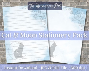 Sofortiger Download Printable Stationery Paper Pack, Witchy Cat & Moon, US Letter, JPG Pdf, Digitale Collage Sheets, Linierte Journal Seiten
