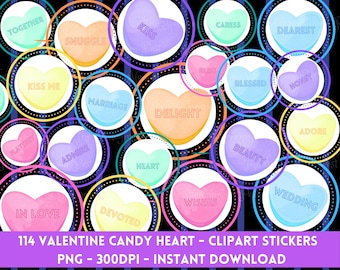 Instant DOWNLOAD - Digital Clipart Valentine Candy Hearts 114 PNG Sticker Images Transparent Background Pastel Scrapbook Journal Card Craft