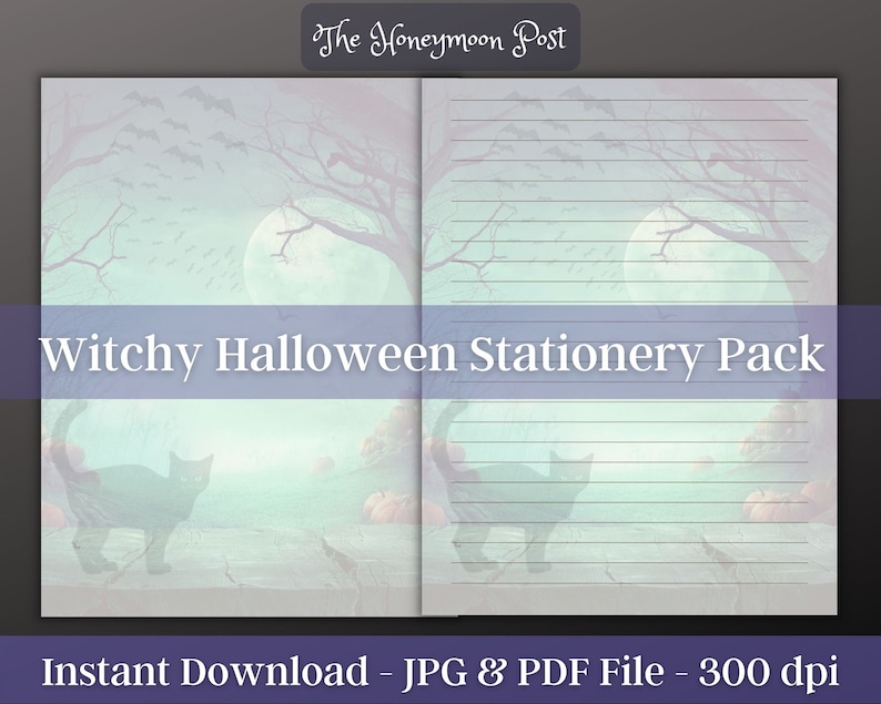 Sofortiger Download Druckbares Briefpapier Witchy Paper Pack, Halloween Themen, US Letter, Jpg Pdf, Digital Sheets, Linierte Journal Seiten Bild 1