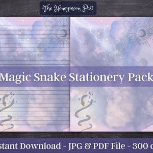 Download instantâneo de papelaria para impressão Witchy Paper Pack, Magic Snake & Stars, US Letter, jpg pdf, folhas digitais, páginas de diário pautadas