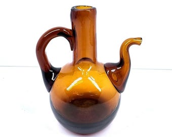 Vintage Amber Brown Glass Cruet Ewer Pitcher Applied Handle Spout 5"