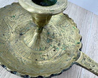 Brass Egyptian Etched Chamberstick Candle Holder Handle Vintage 8in Decor