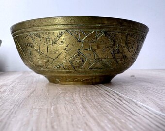 Etched Brass Bowl 4in Vintage Middle Eastern Indian Engraved Trinket Dish