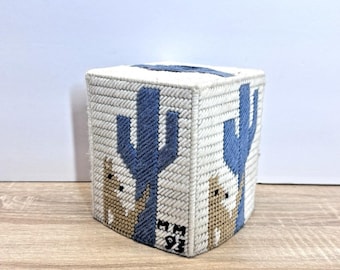 Vintage Cross Stitch Tissue Box Cover Square Vertical Coyote & Saguaro Southwest