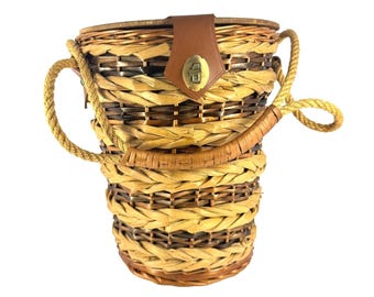 VTG Rattan Wicker Basket w/ Lid Locks 12" Cottage Picnic Storage Rustic Boho