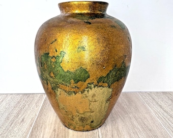 Vintage Italian Florentine Gold Gilt Pottery Vase Green Patina MCM Decor