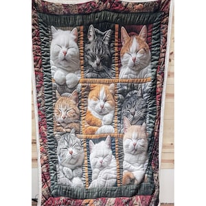 Sleeping Cats Sherpa Fleece Blanket Patchwork Kitten Print Oversized Cozy Throw