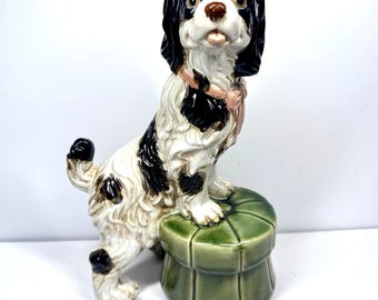 Staffordshire Style King Charles Spaniel Dog Figurine On Ottoman 12 Inch