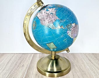 Vintage Style World Globe Desk Decor Brass Tone Stand Blue Map 8 Inch