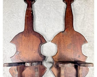 Wood Wall Oil Lamp Brackets Pair 27" Rustic Primitive Fiddle Violin Shaped