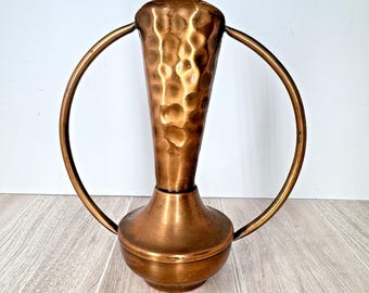 Vintage Hammered Copper Vase Ring Handle Art Deco Style 7in Heavy Metal
