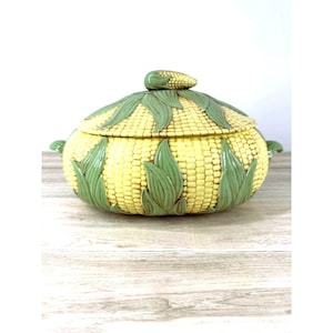 Ceramic Corn Cob Soup Tureen Serving Bowl w Lid Green Yellow