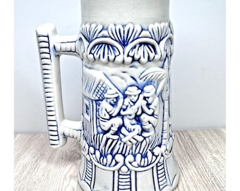 Vintage Blue White Beer Stein Mug Relief German Style Brazil Stoneware