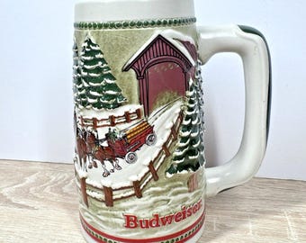 Budweiser Clydesdales Holiday Stein Mug Snowy Covered Bridge Beer Collectible