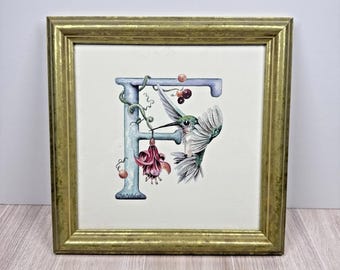Vintage Hummingbird Floral Art Framed Wall Decor Signed Back 9.5in