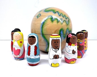 Vintage People of the World Wooden Peg Dolls Globe Play Set Terry's Village