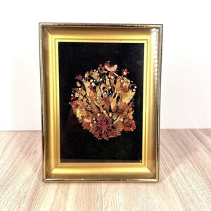 Vintage Pressed Flower Art Shadow Box Gold Frame Velvet Background Floral Decor