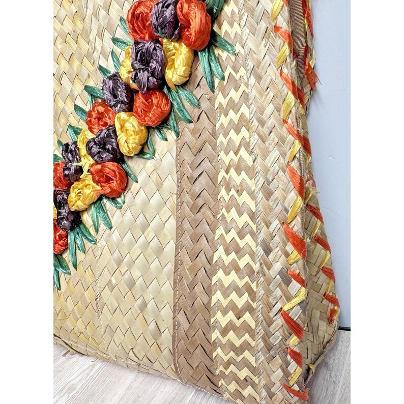 Vintage Woven Straw Raffia Purse Floral Embroidery Boho Tote Bag 13x10 ...