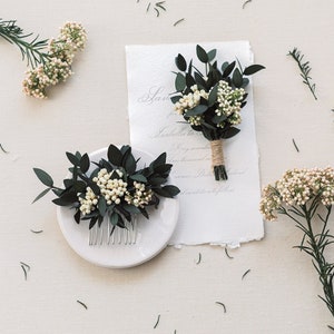 Pente de cabelo de eucalipto e flor na lapela, flores secas, grampo de cabelo de noiva com folhagens, aplique de cabelo rústico boho para casamento