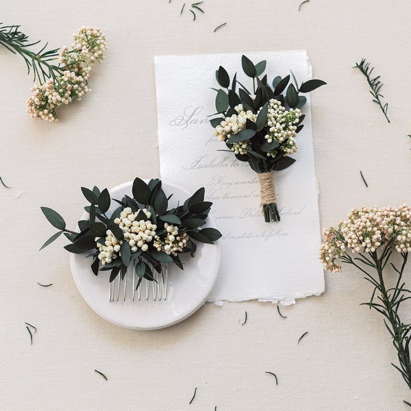 Peigne à cheveux eucalyptus et boutonnière, fleurs séchées, pince à cheveux mariée mariage verdure, morceau de cheveux rustique boho mariage