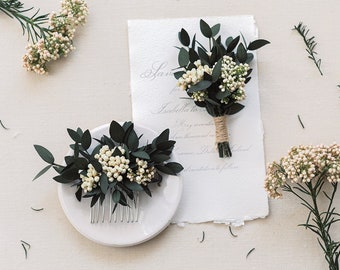 Eucalyptus hair comb and boutonniere, dried flowers, greenery wedding bridal hair clip, wedding boho rustic hair piece