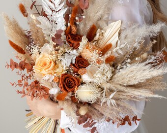 Bouquet da sposa fiori secchi in terracotta pesca / Bouquet da sposa rose conservate Beige ruggine / Disposizione eterna arancione pastello