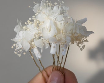 Presilhas de cabelo elegantes com hortênsias brancas para casamento / Presilha de cabelo boho com flores secas / Acessório de cabelo branco para casamento com flores naturais / Peça de cabelo para casamento