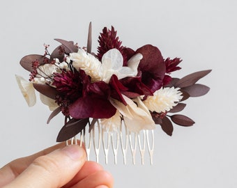 Burgundy Hair Comb with Dried Flowers / Dark Red Wedding Bridal Flower Comb / Wedding Flower Hair Piece / Wedding Floral Hair Accessory