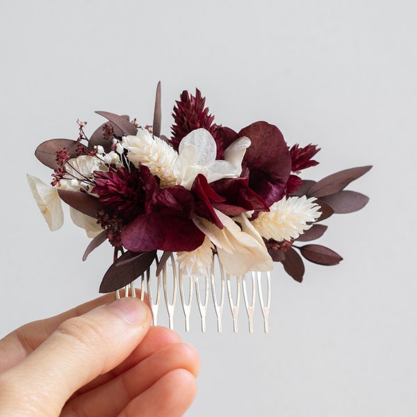 Peigne à cheveux bordeaux avec fleurs séchées / Peigne à fleurs de mariée rouge foncé pour mariage / Pièce de cheveux fleurs pour mariage / Accessoire de cheveux à fleurs pour mariage