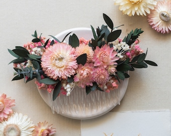 Pink Hair Comb with Dried and Preserved Flowers and Eucalyptus / Pink Wedding Bridal Flower Comb / Flower Hair Piece with Greenery