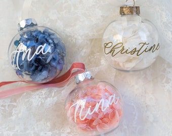 Personalised Christmas Bauble With Dried Hydrangea, Custom Christmas Bauble, Dried Flower Bauble, Personalised Christmas Ornament