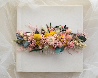 Colorful Dried Flowers Hair Comb, Garden Summer Wild Meadow Flower Wedding Bridal Hair Accessory, Natural Yellow Pink Flower Hair Piece