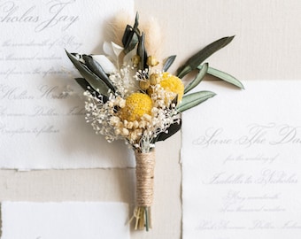 Craspedia Boutonniere / Yellow Billy Button Groom Buttonhole / Greenery Olive Yellow / Groom Groomsmen