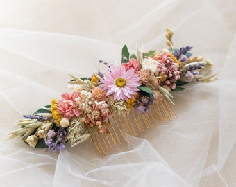 Peine de pelo de flores secas, accesorio de pelo nupcial de la boda de la flor del prado salvaje del verano del jardín, pieza de pelo de la flor colorida natural, flor de la margarita