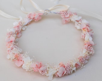 Corona di fiori secchi per capelli, corona di capelli da sposa, corona di capelli per neonati, fascia per la comunione, corona di capelli floreale con ortensia Glixia, rosa cipria e bianco