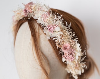 Elegante corona di capelli di fiori secchi, corona di fiori color crema rosa antico per accessori per capelli da sposa, corona di rose conservate di ortensia, fard ecru