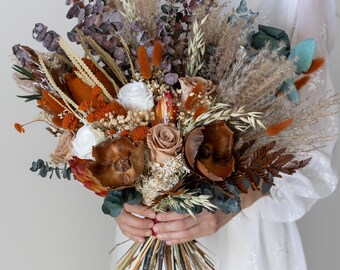 Boho Rust Natural Dried Flower Bouquet / Terracotta Boho Wedding Bouquet / Burnt Orange Flower Arrangement / Elopement Autumn Fall Bouquet