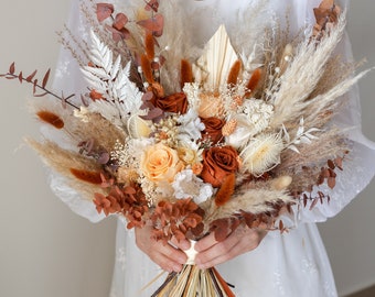 Bouquet da sposa fiori secchi in terracotta pesca / Bouquet da sposa rose conservate Beige ruggine / Disposizione eterna arancione pastello