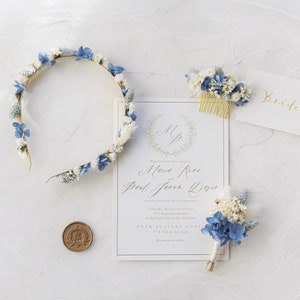 Blauwe sierlijke gedroogde bloem bruiloft accessoires / winter elegante bruidshaar set / eeuwige bruidsbloemen / gedroogde bloem haarkroon en kam afbeelding 1
