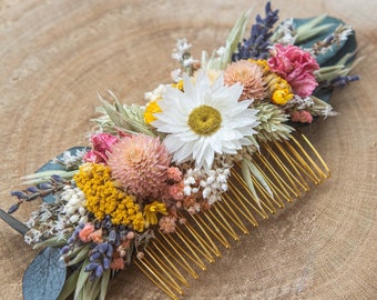 Peine de pelo de flores secas, accesorio de pelo nupcial de la boda de la flor del prado salvaje del verano del jardín, pieza de pelo de la flor colorida natural, flor de la margarita