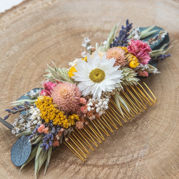 Peigne à fleurs séchées, jardin d'été sauvage fleurs des prés mariage accessoire de cheveux de mariée, morceau de cheveux fleurs colorées naturelles, fleur de marguerite