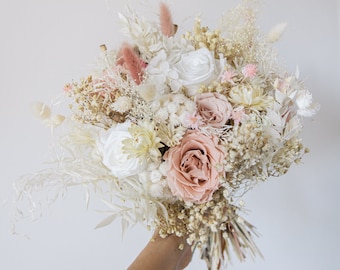 White and Pink Elegant Wedding Bouquet / Preserved Rose Flower Bouquet / Pastel Pink Forever Dried Bridal Arrangement / Dried Flower Wedding